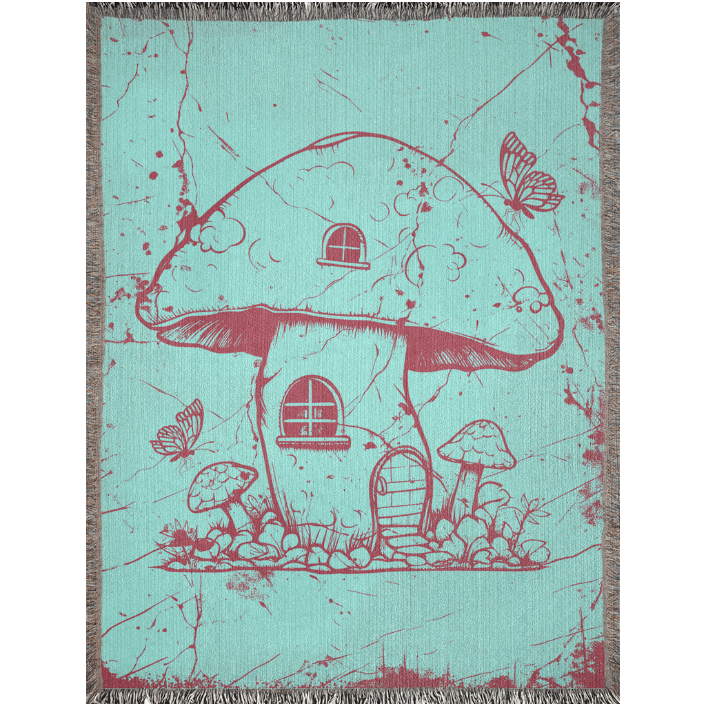 MUSHROOM HOUSE IN TEAL WOVEN BLANKET