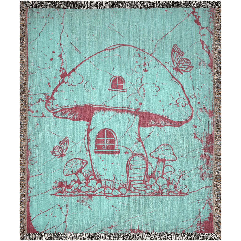 MUSHROOM HOUSE IN TEAL WOVEN BLANKET